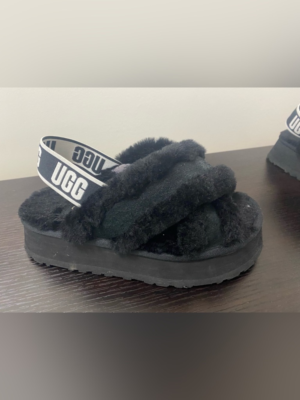UGG Black Plush Cross-Band Platform Slides